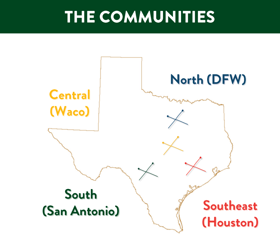 Map of Texas with learning communities marked with Xs